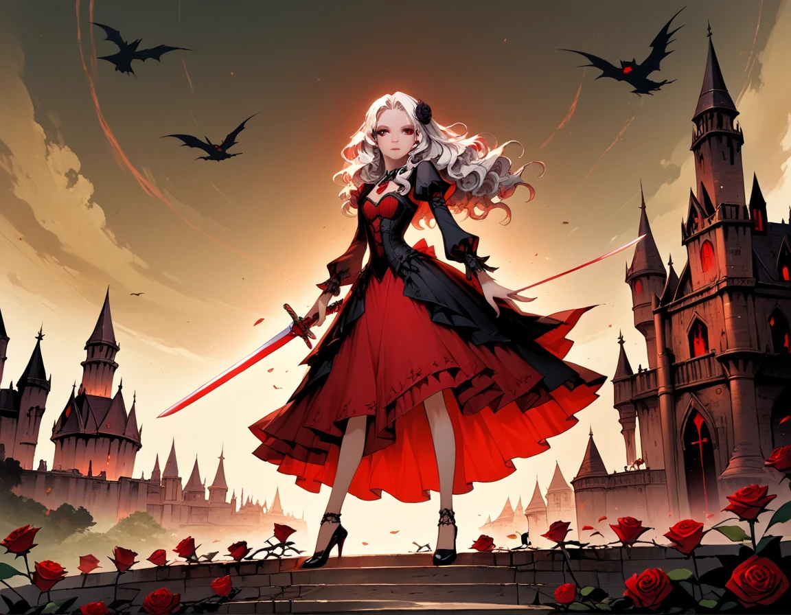 modisn disney, Arafed,  Dark fantasy art, fantasy art, goth art, a picture of a female vampire, pale white skin, blond hair, long hair, wavy hair, (glowing grey: 1.3) eyes, she wears a (red: 1.3) red thigh suit, she holds a sword in hand, (ready for battle: 1.4) , the roses are imprinted on the suit (black: 1.4) black roses, high heels, full body shot, dark glamour shot, dark castle, dark, black and color, Dark Art Painting Style, flower dress, manga style