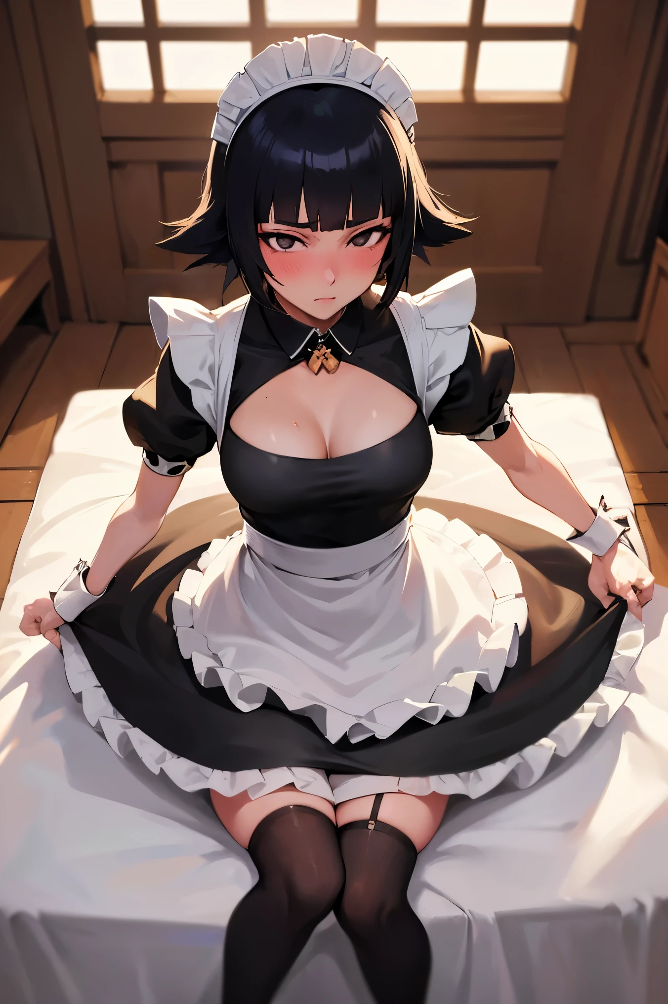 NSFW,masterpiece, best quality, high definition , very detailed,Soi Fon, shorthair 、 long hair,( maid clothes:1.5), Crop Top , miniskirt that snaps around the knee, maid headband , cleavage, with a bird's-eye view ,blush, coffee shop