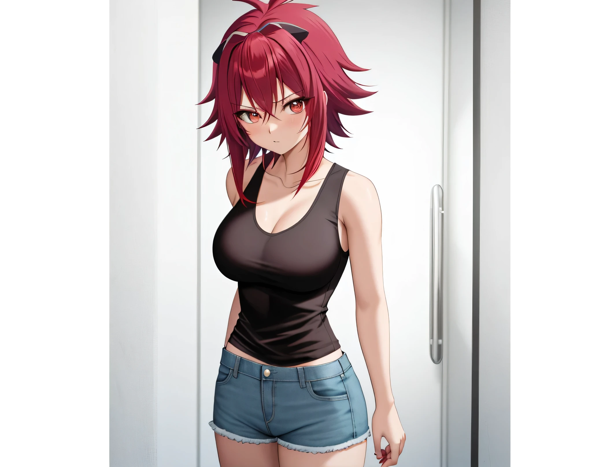 床に立っている red hairのAnime Women, Anime Women,  anime styleキャラクター, clothing: black tank top , A woman wearing denim shorts,  anime styleで, Big Breasts,  woman with very large breasts,  anime style,  anime style, Muscular Woman, Knight of the Zodiac Girl, Short Hair,  red hair,  Teal Eyelids, In anime style, feminine and muscular,  Skin Tight Tank Top , Bare Arms, Bare shoulders, Alone, looking at viewer, Female focus,  cowboy shots,