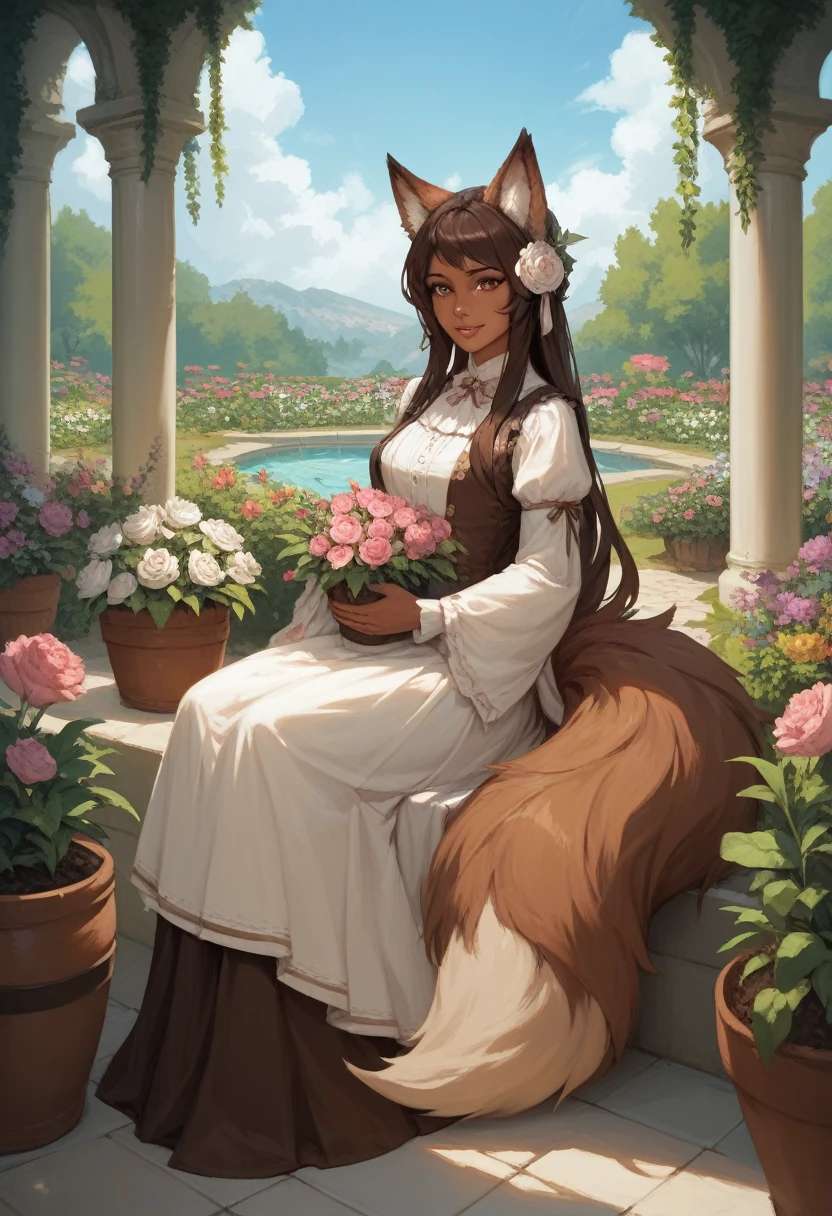 fox, (monster girl), long brown ears with darker brown inside, brown fur, tan neck fluff, brown fluffy tail with a tan tip, large brown eyes, wearing modest clothing, sitting in a flower garden, masterpiece, best quality