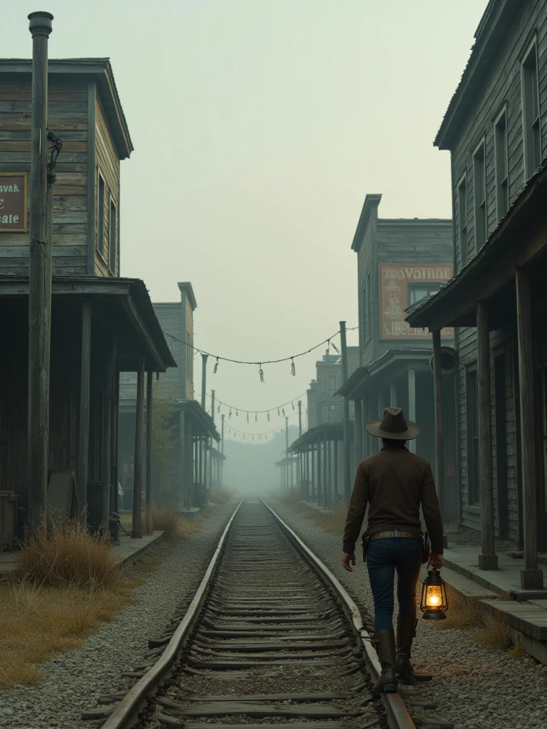 IMG_1845.CR2: A haunting and mysterious scene of an abandoned Old West ghost town, shrouded in a soft morning mist. The once-bustling wooden buildings now stand in ruins, their weathered facades sagging and doors creaking in the wind. Faded, hanging signs sway gently above empty storefronts, and rusted train tracks stretch out towards the distant horizon, suggesting a forgotten past. A solitary explorer, dressed in a cowboy hat and worn boots, walks cautiously through the ghostly town, holding a flickering lantern that casts a dim glow. The scene is quiet, almost eerie, with the light fog enhancing the sense of abandonment and suspense. The color palette features muted grays, browns, and soft golden light, emphasizing the decay and solitude of the town. The explorer’s figure adds a sense of discovery and mystery as he steps carefully into the unknown. Tags: best quality, high quality, perfectly textured, cinematic lighting, atmospheric suspense, abandoned town, Old West ruins, foggy morning, western exploration, eerie discovery, vintage western scene.”