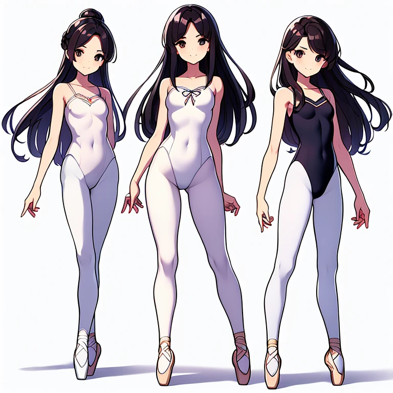 ((full body)),(masterpiece, best quality), 3 girls ,((Contrapposto:1.5)), looking at viewer, walking,((v_arms:1.2)), ((white full-length tights:1.3)), wearing (ballet_outfit leotard:1.3), , BREAK masterpiece black hair, ((long hair:1.2)), ((parted bangs:1.3)), black eyes, good hand, ((small breasts)), (over 20 years old, under 25 years old:1.2), , spotlight, happy, smile, BREAK in the class room