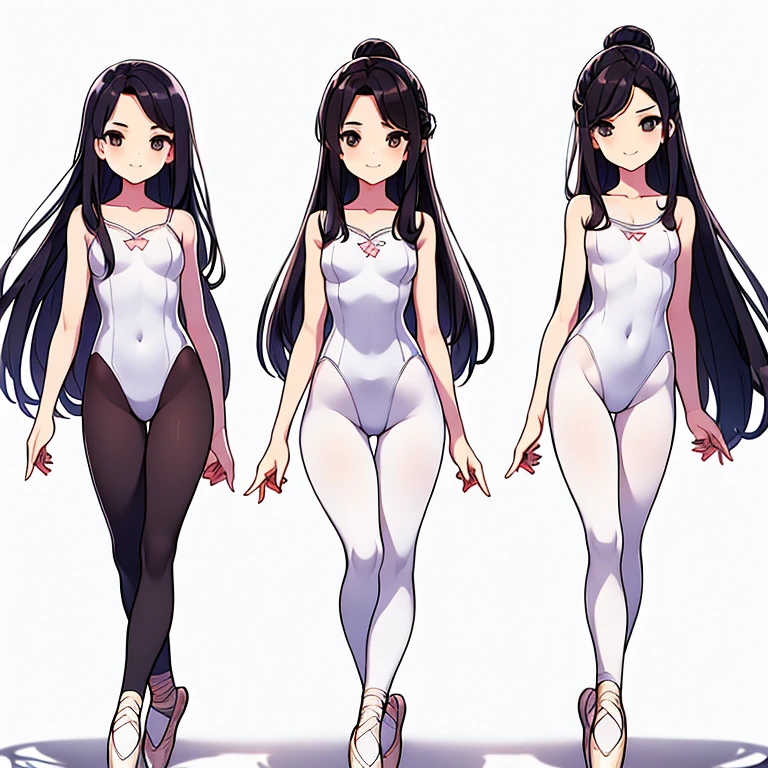 ((full body)),(masterpiece, best quality), 3 girls ,((Contrapposto:1.5)), looking at viewer, walking,((v_arms:1.2)), ((white full-length tights:1.3)), wearing (ballet_outfit leotard:1.3), , BREAK masterpiece black hair, ((long hair:1.2)), ((parted bangs:1.3)), black eyes, good hand, ((small breasts)), (over 20 years old, under 25 years old:1.2), , spotlight, happy, smile, BREAK in the class room