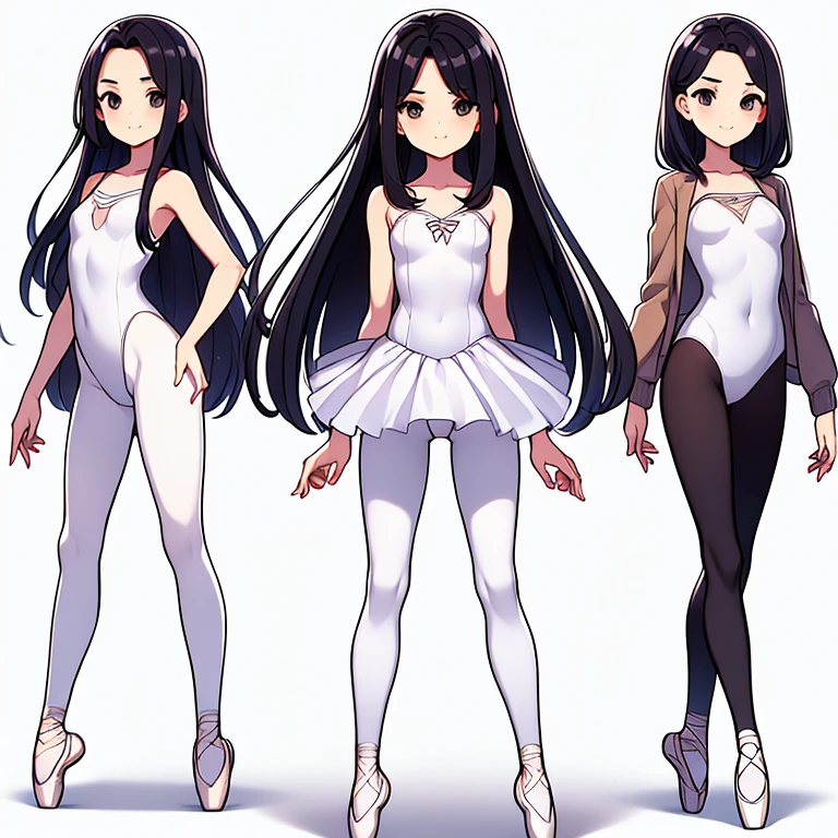 ((full body)),(masterpiece, best quality), 3 girls ,((Contrapposto:1.5)), looking at viewer, walking,((v_arms:1.2)), ((white full-length tights:1.3)), wearing (ballet_outfit leotard:1.3), , BREAK masterpiece black hair, ((long hair:1.2)), ((parted bangs:1.3)), black eyes, good hand, ((small breasts)), (over 20 years old, under 25 years old:1.2), , spotlight, happy, smile, BREAK in the class room