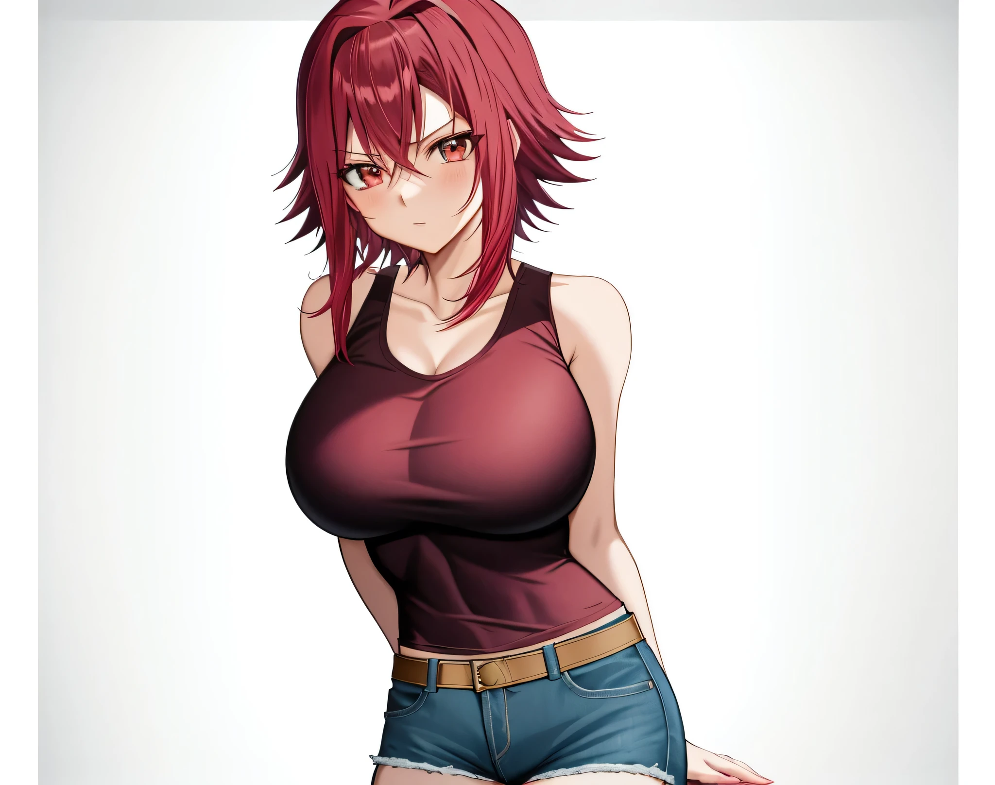 足を組んで床に座っている red hairのAnime Women, Anime Women,  anime styleキャラクター, clothing: black tank top , A woman wearing denim shorts,  anime styleで, Big Breasts,  woman with very large breasts,  anime style,  anime style, Muscular Woman, Knight of the Zodiac Girl, Short Hair,  red hair,  Teal Eyelids, In anime style, feminine and muscular,  Skin Tight Tank Top , Bare Arms, Bare shoulders, Alone, looking at viewer, Female focus,  cowboy shots,