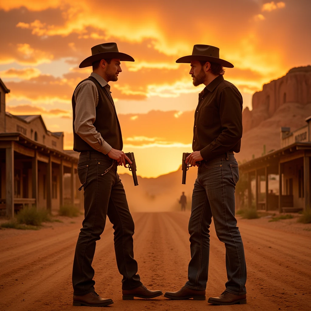 IMG_6843.CR2: A classic Old West showdown captured at the tense moment just before the gunslingers draw their pistols. The scene takes place in the middle of a dusty, desolate western town, with wooden saloons and a weathered church standing in the background. A vast desert stretches beyond, dotted with cacti and rugged rock formations. The sky above is ablaze with the warm orange and red hues of a dramatic sunset, casting long shadows and creating an almost cinematic atmosphere. The dusty air shimmers in the heat, adding a sense of urgency and tension to the scene. The two gunslingers stand face-to-face, their hands hovering near their holsters, eyes locked in a steely stare. The atmosphere is thick with anticipation, as the quiet before the storm fills the air. The color palette is dominated by warm desert tones, deep oranges, and the rich gold of the setting sun, emphasizing the beauty and danger of this iconic Western moment. Tags: best quality, high quality, perfectly textured, cinematic lighting, western showdown, dramatic sunset, Old West duel, tense atmosphere, dusty desert, western heroism.”