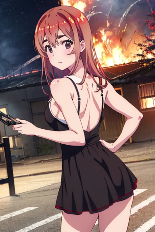 Sumi Sakurasawa、holding hundgun、at night、fence、1 girl、 cleavage、sexy black tank dress、Turn around and show your butt、Infiltrate a military base、Military base exploding in flames、The building is on fire