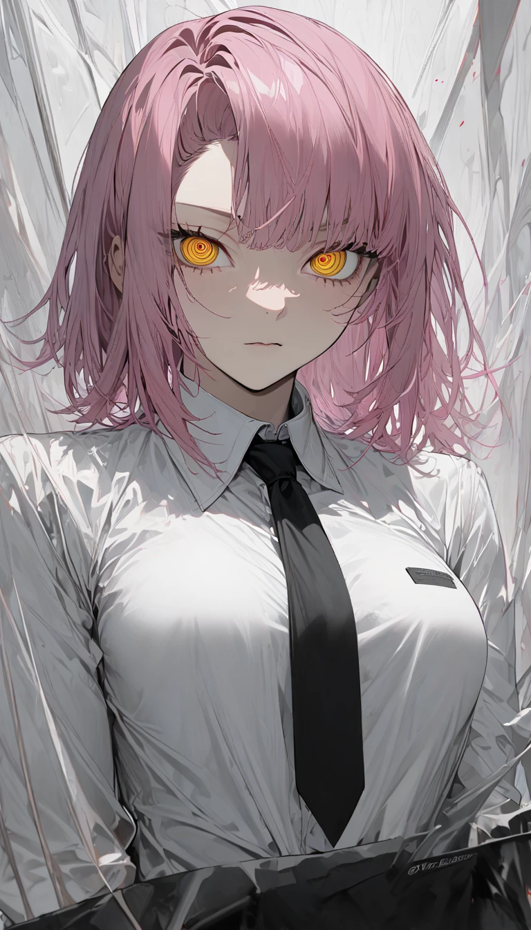 master piece,(chainsaw_man), 1girl, asymmetrical bangs, black necktie, medium hair, wolfcut, medium hair, pink hair, ringed eyes, sidelocks, yellow eyes, White dress shirts, long-sleeved shirt, medium large breasts, black pants,white sheet