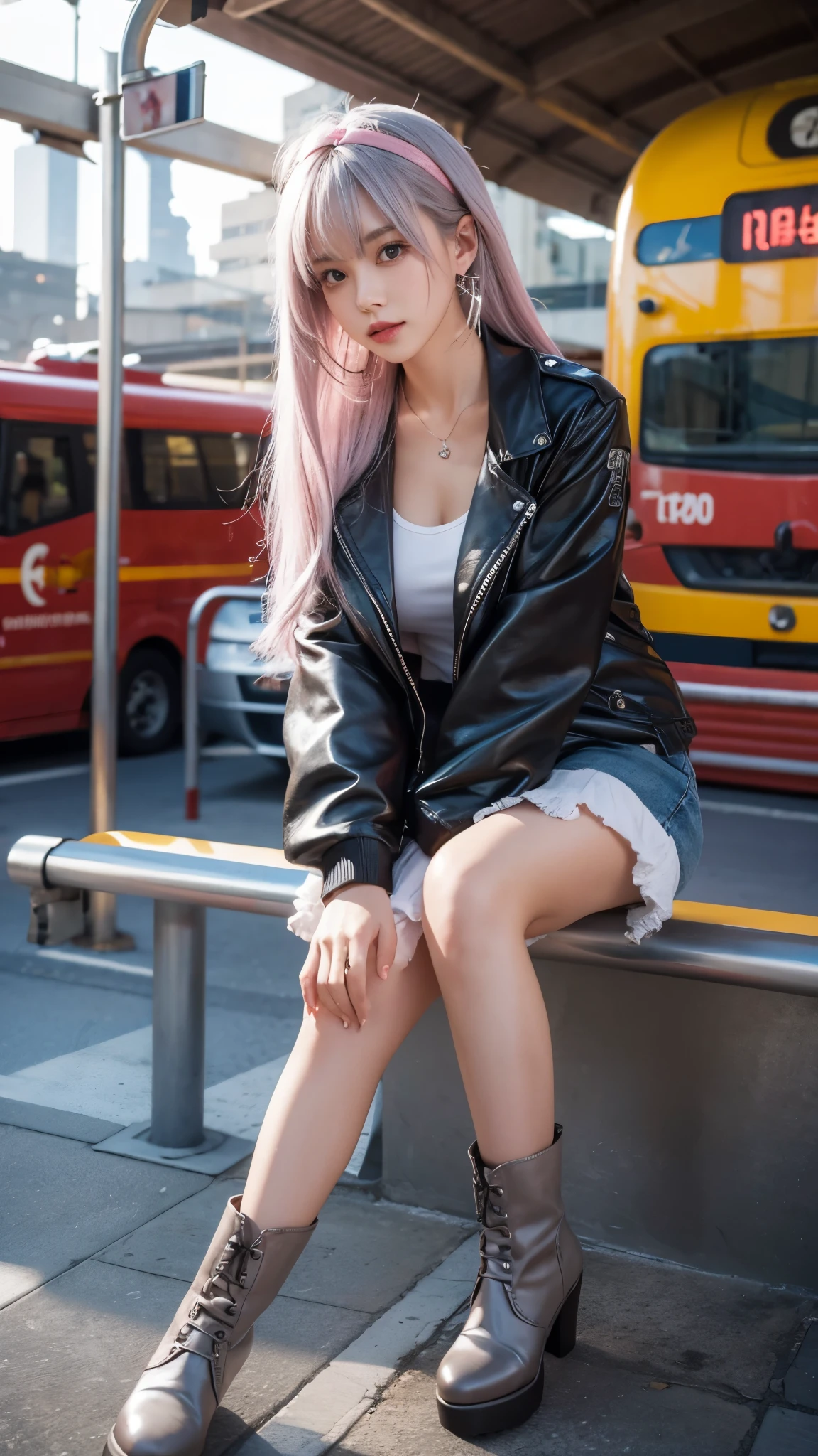 Woman with pink hair sitting on a bench in front of a bus - SeaArt AI