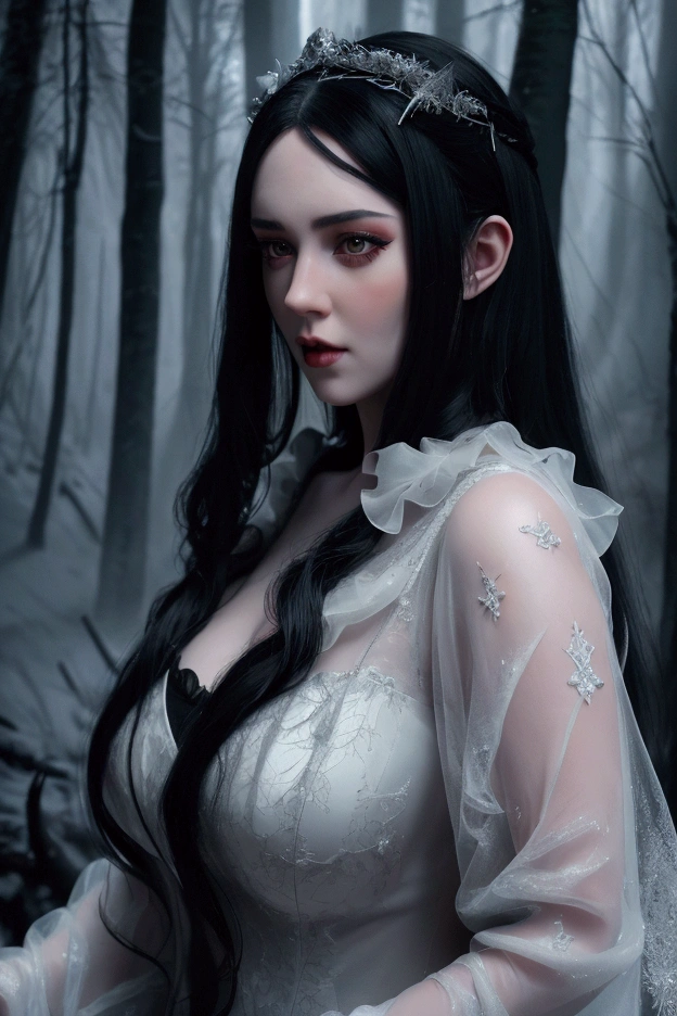 a beautiful woman with long black hair, pale white skin, deep black eyes, wearing a dark gothic dress that accentuates her voluptuous figure, standing in a snowy forest at night, full body shot, (best quality,4k,8k,highres,masterpiece:1.2),ultra-detailed,(realistic,photorealistic,photo-realistic:1.37),dramatic lighting, moody atmosphere, dark fantasy, cinematic composition