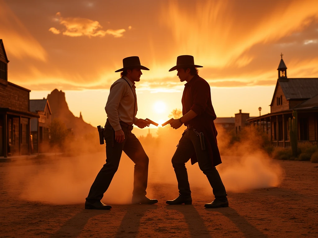 IMG_6843.CR2: A classic Old West showdown captured at the tense moment just before the gunslingers draw their pistols. The scene takes place in the middle of a dusty, desolate western town, with wooden saloons and a weathered church standing in the background. A vast desert stretches beyond, dotted with cacti and rugged rock formations. The sky above is ablaze with the warm orange and red hues of a dramatic sunset, casting long shadows and creating an almost cinematic atmosphere. The dusty air shimmers in the heat, adding a sense of urgency and tension to the scene. The two gunslingers stand face-to-face, their hands hovering near their holsters, eyes locked in a steely stare. The atmosphere is thick with anticipation, as the quiet before the storm fills the air. The color palette is dominated by warm desert tones, deep oranges, and the rich gold of the setting sun, emphasizing the beauty and danger of this iconic Western moment. Tags: best quality, high quality, perfectly textured, cinematic lighting, western showdown, dramatic sunset, Old West duel, tense atmosphere, dusty desert, western heroism.”