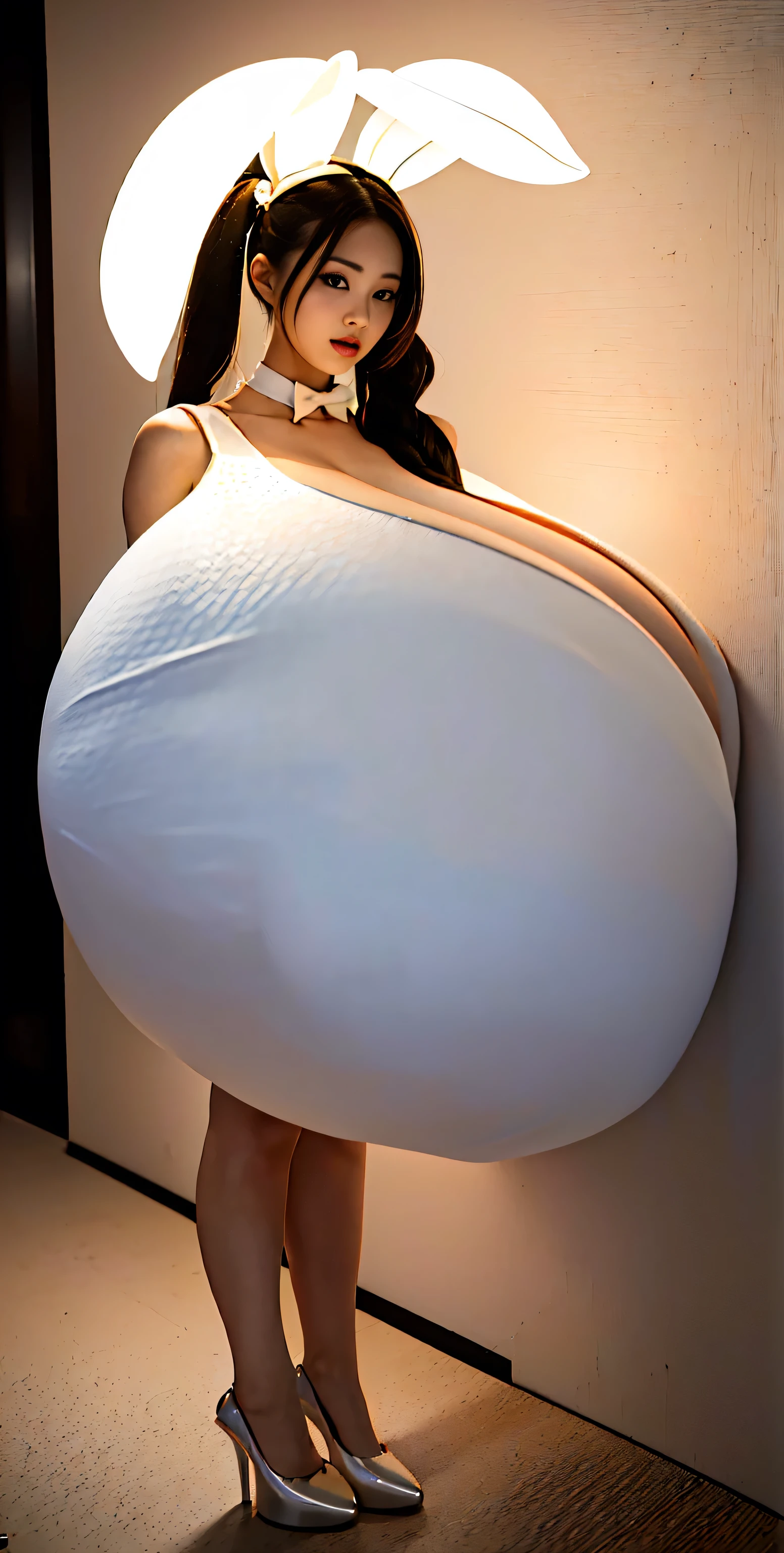 gigantic breasts, ponytail, long hair, stockings, gothic accessories, black hair, thick, impractical clothing, leather stocking, massive rear, light skin, extremely curvy, exposed breasts, exposed nipples, plump, beautiful face, high quality, best quality, high resolution, short stature, perfect world gigantic, ((gigantic breasts:2), Huge Breasts,