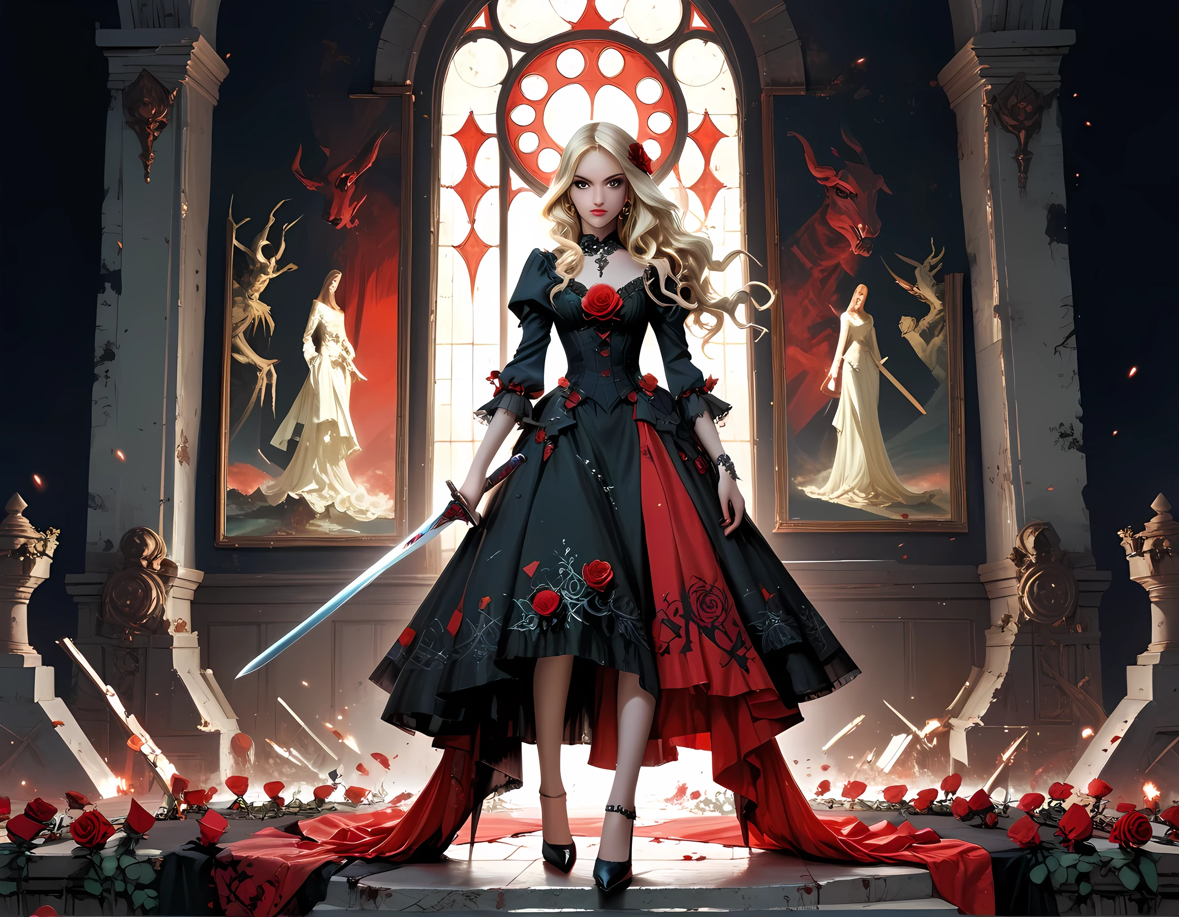 modisn disney, Arafed, Dark fantasy art, fantasy art, goth art, a picture of a female vampire, pale white skin, blond hair, long hair, wavy hair, (glowing grey: 1.3) eyes, she wears a (red: 1.3) red thigh suit, she holds a sword in hand, (ready for battle: 1.4) , the roses are imprinted on the suit (black: 1.4) black roses, high heels, full body shot, dark glamour shot, dark castle, dark, black and color, Dark Art Painting Style, flower dress, manga style