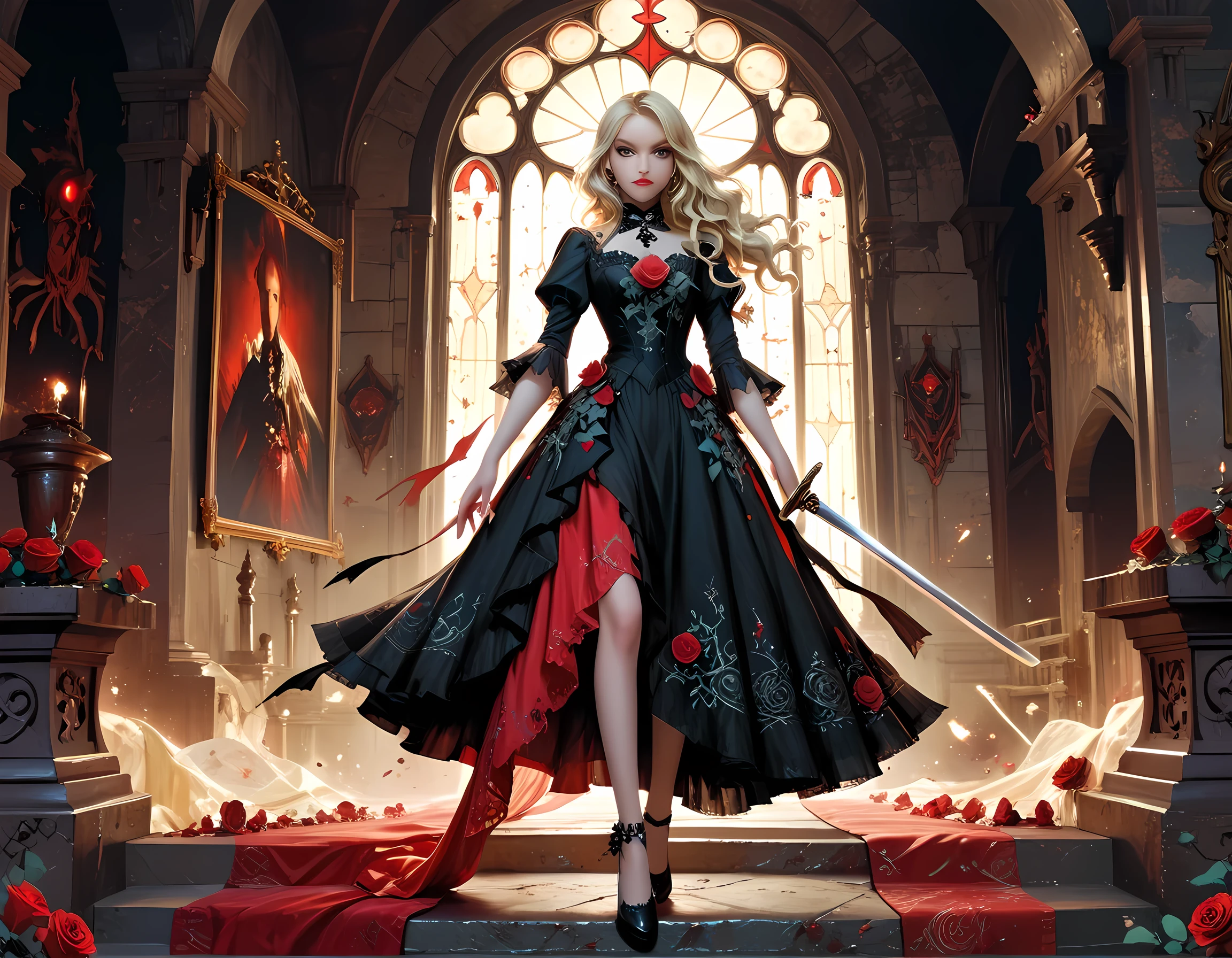 modisn disney, Arafed, Dark fantasy art, fantasy art, goth art, a picture of a female vampire, pale white skin, blond hair, long hair, wavy hair, (glowing grey: 1.3) eyes, she wears a (red: 1.3) red thigh suit, she holds a sword in hand, (ready for battle: 1.4) , the roses are imprinted on the suit (black: 1.4) black roses, high heels, full body shot, dark glamour shot, dark castle, dark, black and color, Dark Art Painting Style, flower dress, manga style