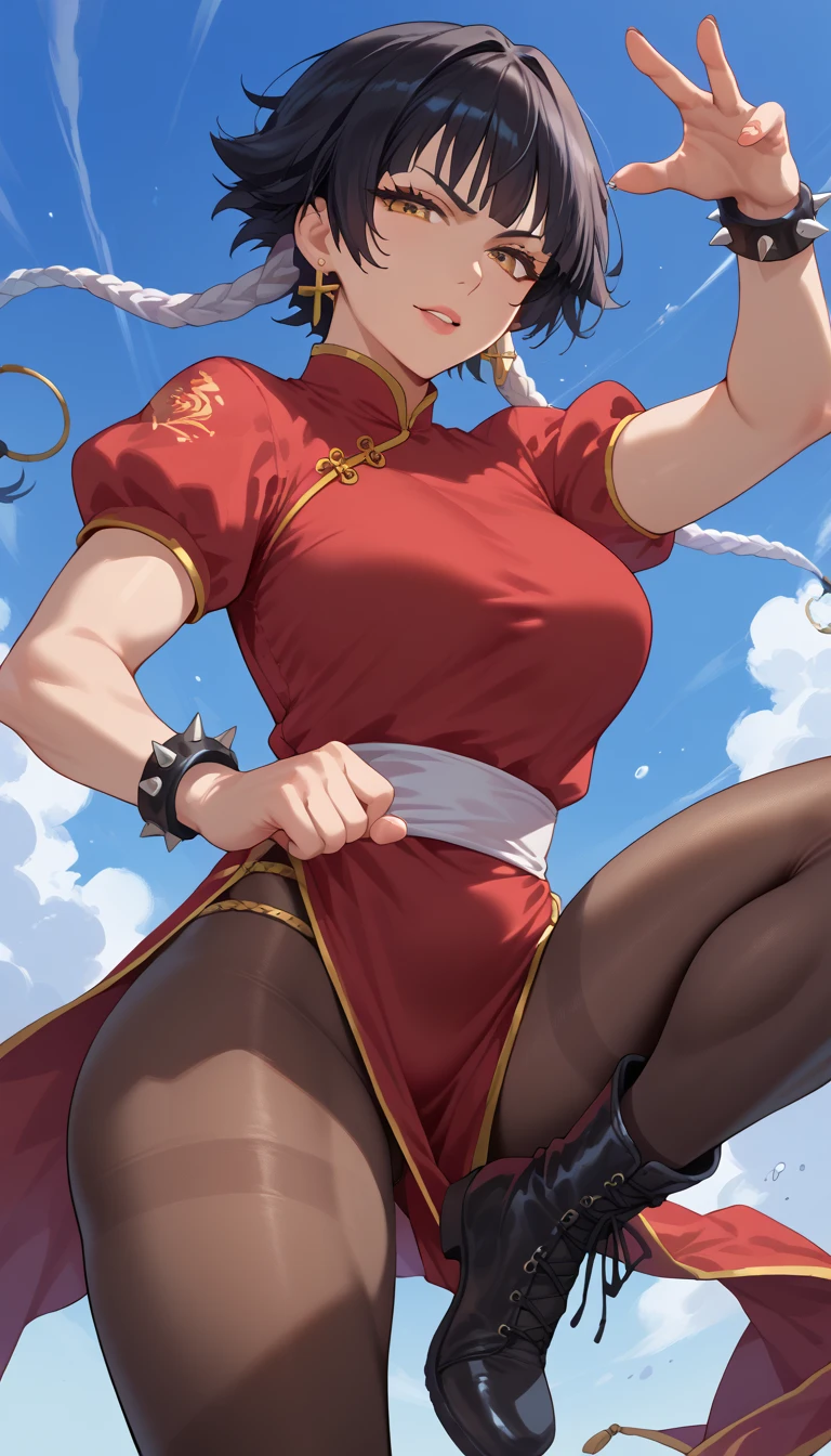 Mature woman, milf, Black hair, Fitgirl, Mature female, ultra-high definition image, absurd res, looking at viewer, BREAK, 
source_anime,medium breasts, BREAK, 1girl, breasts, soifon, 1girl,  jewelry, solo, bracelet, spiked_bracelet, pantyhose, chinese_clothes, spikes, china_dress, dress, fighting_stance, pelvic_curtain, earrings, puffy_short_sleeves, puffy_sleeves, short_sleeves, thighs, blue_dress, boots, white_footwear, sash, thick_thighs, simple_background, brown_pantyhose, looking_at_viewer, breasts, cross-laced_footwear, standing_on_one_leg, fighting_stance, one legs Lifted, standing on one leg