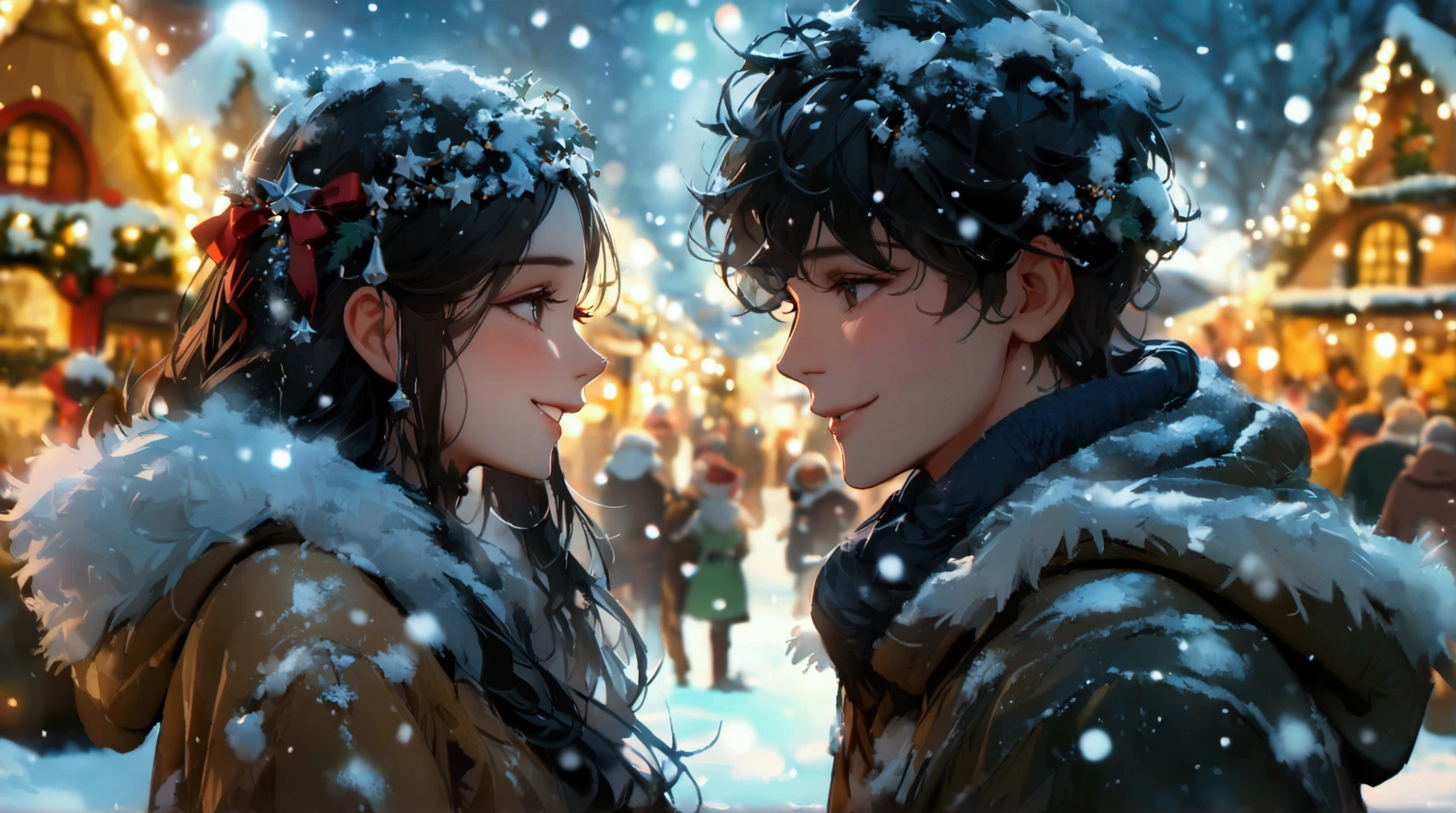 (Masterpiece, High Definition, High Resolution, Detail, 8K), In the snow, a beautiful woman (beautiful profile, medium long black hair), and a handsome man (beautiful profile), they are looking at each other and laughing happily, looking up at a big shiny Christmas tree, in the town with Christmas market lights shining, a pure white The world, a world of sadness, beautiful snow dancing silently, looking from a distance, blurred snow world, shining like diamond dust
