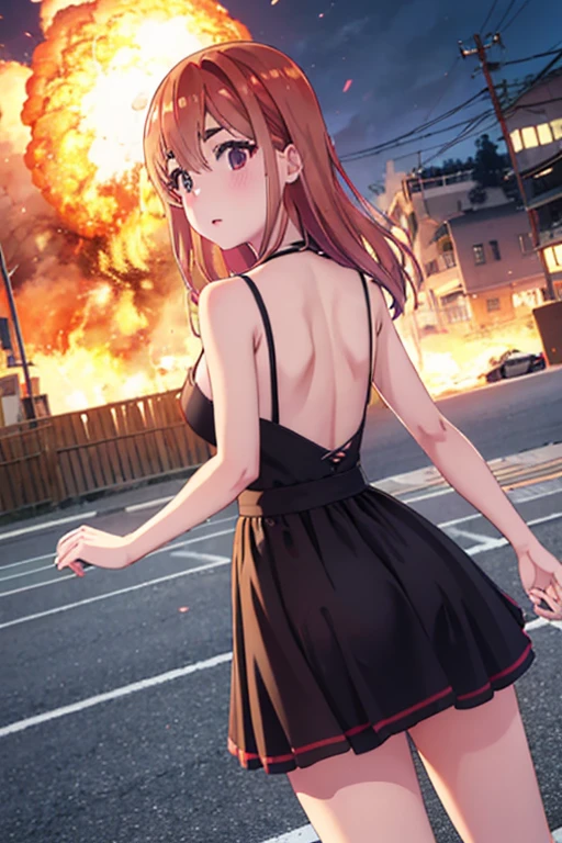 Sumi Sakurasawa、holding hundgun、at night、fence、1 girl、 cleavage、sexy black evening dresses、Turn around and show your butt、Infiltrate a military base、Military base exploding in flames、The building is on fire