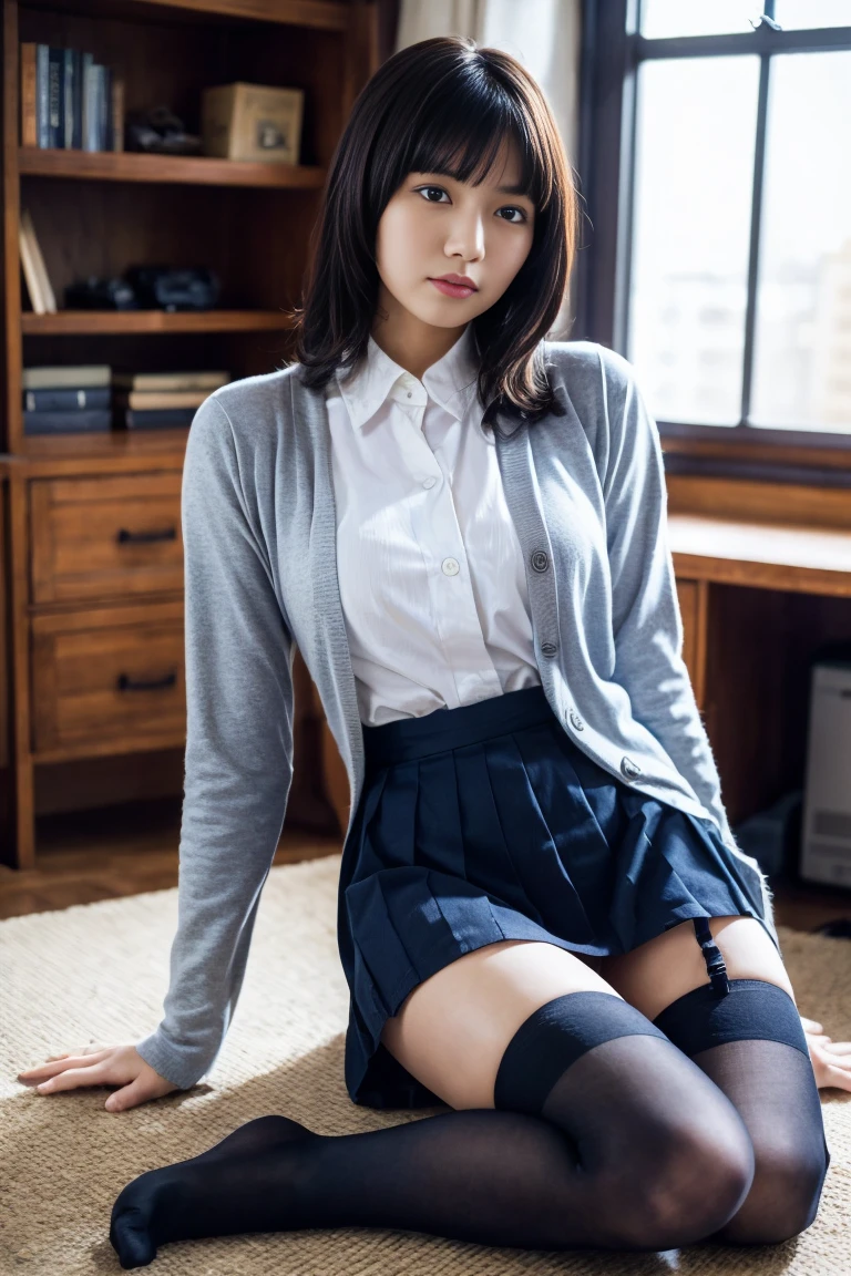 The pieces fly, Highest quality, figure, Very detailed, The finer details, High resolution, 8k,wallpaper, Perfect dynamic composition,(Detailed high quality, Realistic depiction of eyes:1.3), From the side, High school classroom、Schoolgirl uniform、cardigan、Super Short Check Uniform Skirt、Navy blue knee-high socks、garter belt、huge 、Disheveled uniform,  short hair, (Wavy Hair:1.2), Black hair color, (living room, Study at a desk, Sitting, Arms crossed, hugeな胸), Big Natural Color Lip, Bold sexy pose, (Perfect figure), Crying a little、Cold Stare, Harajuku Style、20-year-old girl、Cute type, Beautiful feet, Gravure idol pose, Voluptuous thighs、(((big breasts))),Having sex、Normal position、With legs apart、orgasm、Eyes closed、Lying down、nsfw