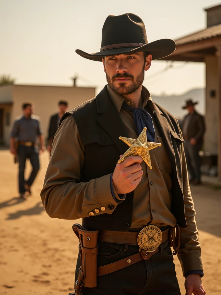 IMG_9675.CR2: A dramatic and intense scene capturing a small-town sheriff standing resolutely in front of the sheriff’s office, his stern gaze fixed on the main street. He holds a polished golden star in his hand, its gleam contrasting against the dusty backdrop of the town. The sheriff’s expression is calm yet firm, exuding authority and courage. In the background, townspeople observe from a distance, their faces a mix of curiosity and unease, heightening the tension in the air. A lone prisoner is being escorted out of the town jail, his hands bound, as the crowd watches in silence. The scene is thick with drama, centered around justice, courage, and the weight of responsibility. The warm afternoon light casts long shadows, with the town’s modest buildings and the open landscape reflecting the simplicity yet tension of the moment. The color palette is a mix of warm earth tones and golden light, evoking the timeless nature of justice in the Old West. Tags: best quality, high quality, perfectly textured, cinematic lighting, dramatic tension, western justice, town sheriff, authority, courage, historical atmosphere.”