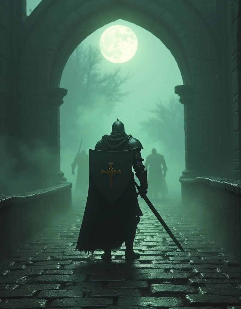 (( we are standing on an ancient stone bridge over the ditch ,  under the bridge, the water glitters through the fog )) In front of us : ( with his back to us is a warrior in heavy knight armor ,)  with a long sword in the right hand and a large iron shield in the left hand),  from the far end of the bridge, out of the witchcraft greenish-gray fog, terrible zombies run out to meet us (13th century zombie wars ),epic scene ,  the moon swings through the fog , the glitter of sword steel war ,