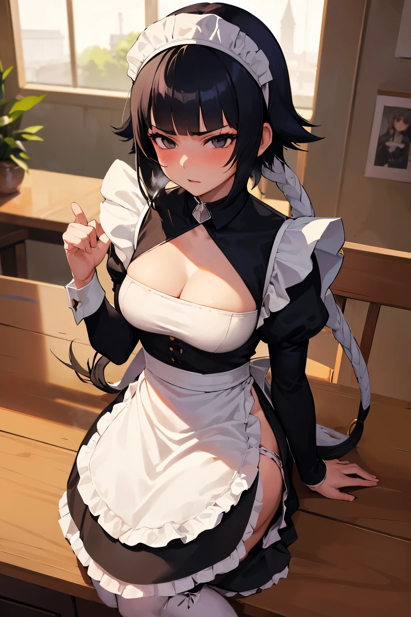 NSFW,masterpiece, best quality, high definition , very detailed,Soi Fon, shorthair 、 long hair,( maid clothes:1.5), Crop Top , miniskirt that snaps around the knee, maid headband , cleavage, with a bird's-eye view ,blush, coffee shop,Cafe