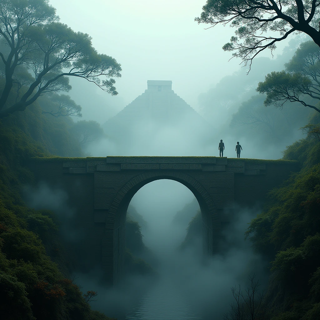 the fog is thick, Very thick fog,  Spruce You can see Silhouettes from behind the Fog , Lots of fog, Morning Misty Haze ,  Forest Area Ancient Aztec Bridge with Letters and Hieroglyphics on It, Time of Day Sunrise ,  Matins Race on the Trees and Moss across the bridge , very detailed, beautiful colors, masterpiece,  Complex Details ,  better quality, 8 k,  Ancient Mayan buildings in the distance You can see ,
