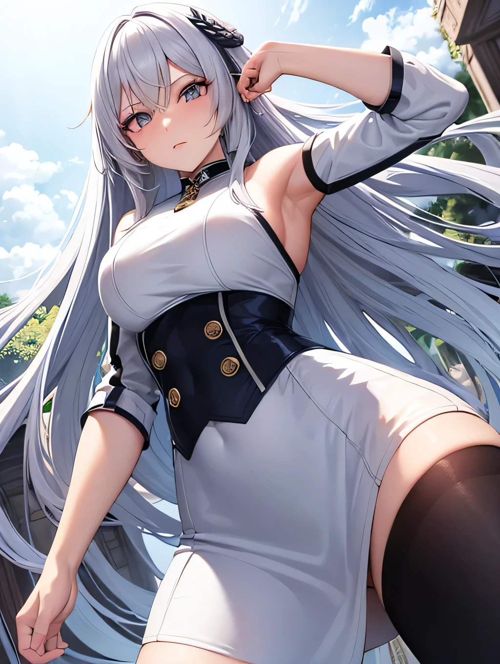 Silver hair, pink eyes, body, cat ears, sexy girl, earrings, flower sky background, green gold uniform, hair bows, hand on hip, happy face, full body