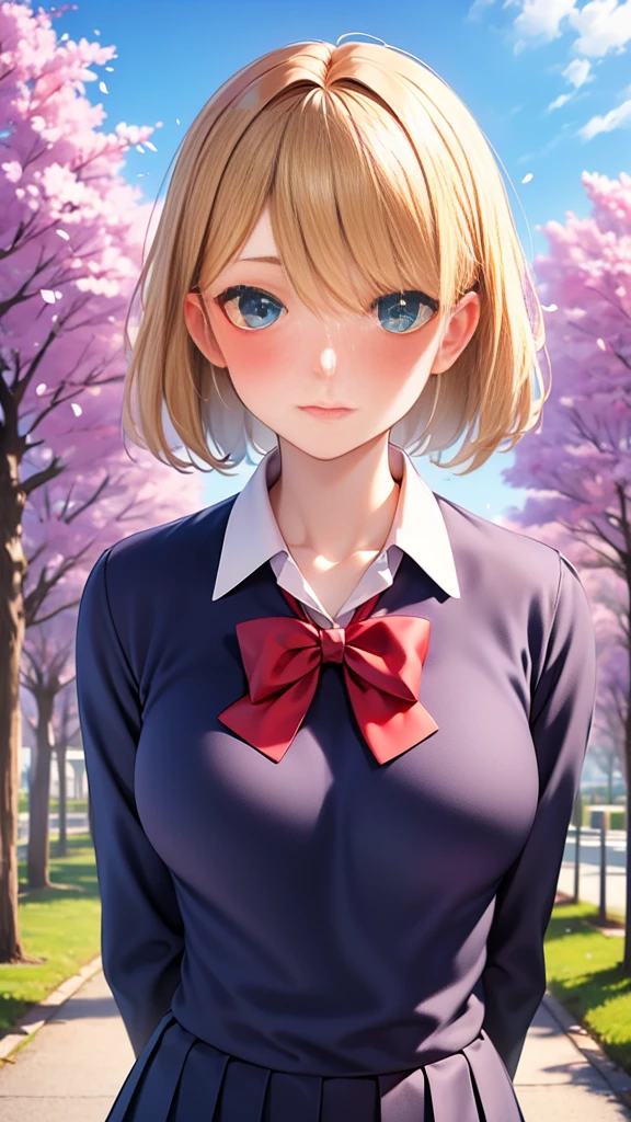 1girl, solo, breasts, blush, looking_at_viewer, short_hair, bangs, blue_eyes, blonde_hair, eyebrows_visible_through_hair, shirt, long_sleeves, original, bow, medium_breasts, school_uniform, hair_between_eyes, closed_mouth, upper_body, white_shirt, sky, outdoors, day, striped, collared_shirt, bowtie, red_bow, tree, blue_sky, dress_shirt, arms_behind_back, cherry_blossoms, building, red_bowtie, striped_bow, lamppost