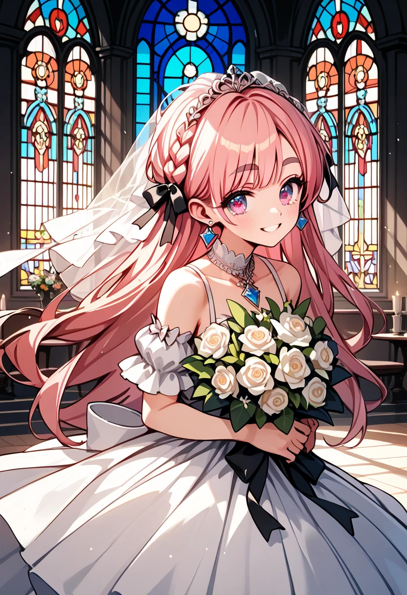  score_9,  score_8_up, score_7_up, Sheep:1.3, front:1.8,  1 girl, Alone, pupil\ beautiful like a jewel \Shine, hair\Pink and fluffy \long\ soft , Thick eyebrows:1.4,  Wedding Dress \pure white\ studded with beautiful embroidery and sequins, bouquet\Chest, smile, 幸せなsmile,  big smile when looking back,  beautiful and gentle backlight , (((UHD, masterpiece, anatomically correct, textured skin, super detail, high details, best quality,  highres icon, 8k))), cinematic lighting, god rays, church\ with gentle light shining in\ Beautiful Stained Glass \Breathtaking beauty 