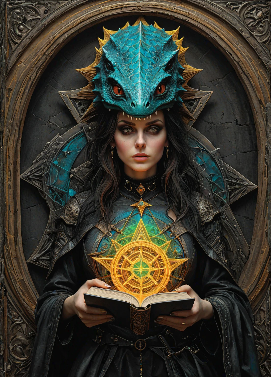 Ombre color scheme of neon pink, neon blue, neon yellow, neon green, neon orange, a painting of a woman holding a book with a pentagramil on it's cover and a pentagramil on her chest, Dino Valls, occult, a fine art painting, gothic art cg_darkscifi, subsurface scattering, Photorealistic, Hyperrealistic, analog style, realistic, film photography, soft lighting, heavy shadow