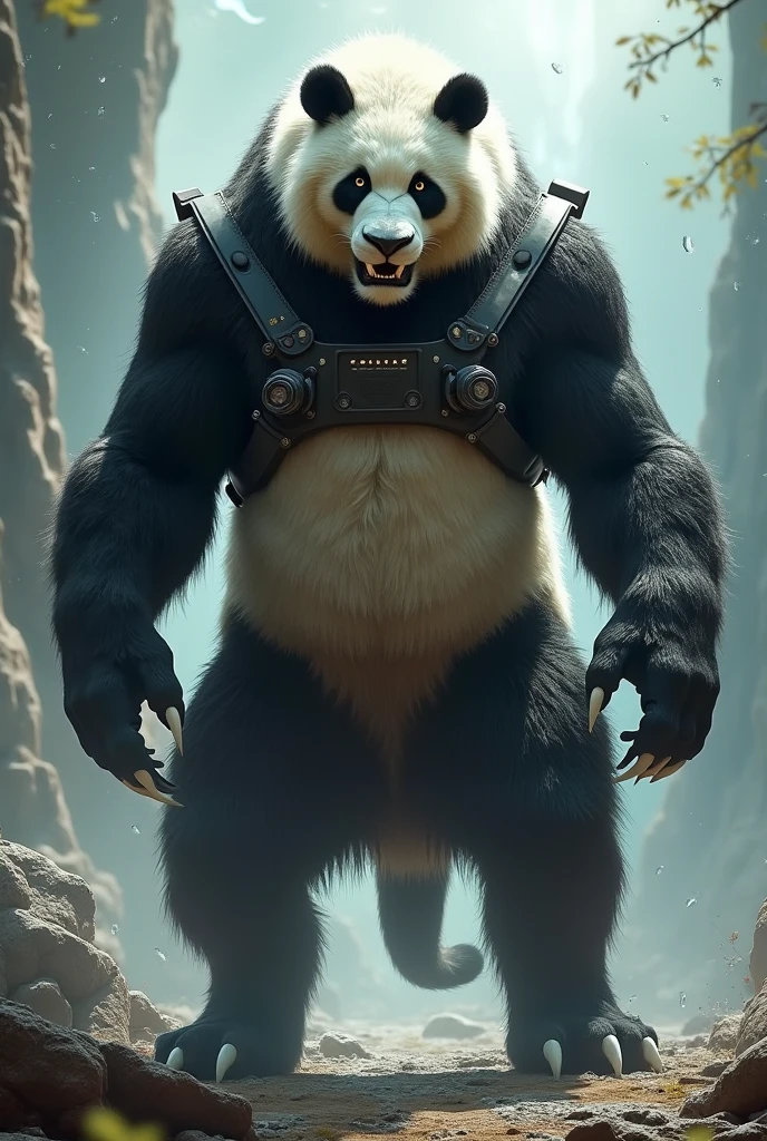 A gaming character on the basis of concept panda with make face structure, 
Has mascular body with six pack abs with white panda skin
Dashing look with gaming dark environment
Holding Phantom gun on his shoulder and pose like a hero
Spherical Water drops are all around like falling from sky ,
His special powers are throwing bamboo nails, flood the opponent, and his special ability is make his double 
