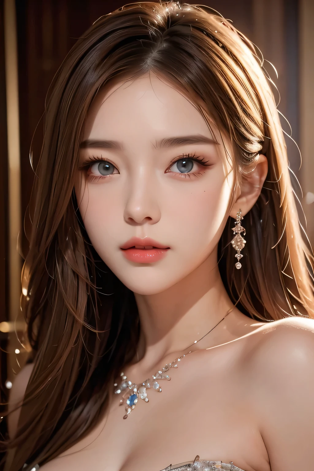 Super premium graphics，8K HD CG works，high quality graphics，High-definition and exquisite CG works，Ultra-fine details：1.1，Realistic photo effects，Interior lighting effects：1.5，natural soft light：1.5,（Virtual light effects：1.8），shining dress，sliver long hair，transparenthair，（Quality hair details：1.1）,Clear eyes，Double eyelids look good，Sharp eye makeup, Create exquisite eyelash makeup, thin eyebrows, Ultra-detailed eyes，a tall nose, lovely red lips, rosey cheeks, With delicate makeup on her face , pretty face, The face shape is perfectly proportioned,（Advanced facial details：1.1）,a girl, happy, setailed eyes, glossy lips, crystal dress,  reflecting lights on crystals, spreading lights, attractive pose, whole body capture, Women's artwork，Realism，