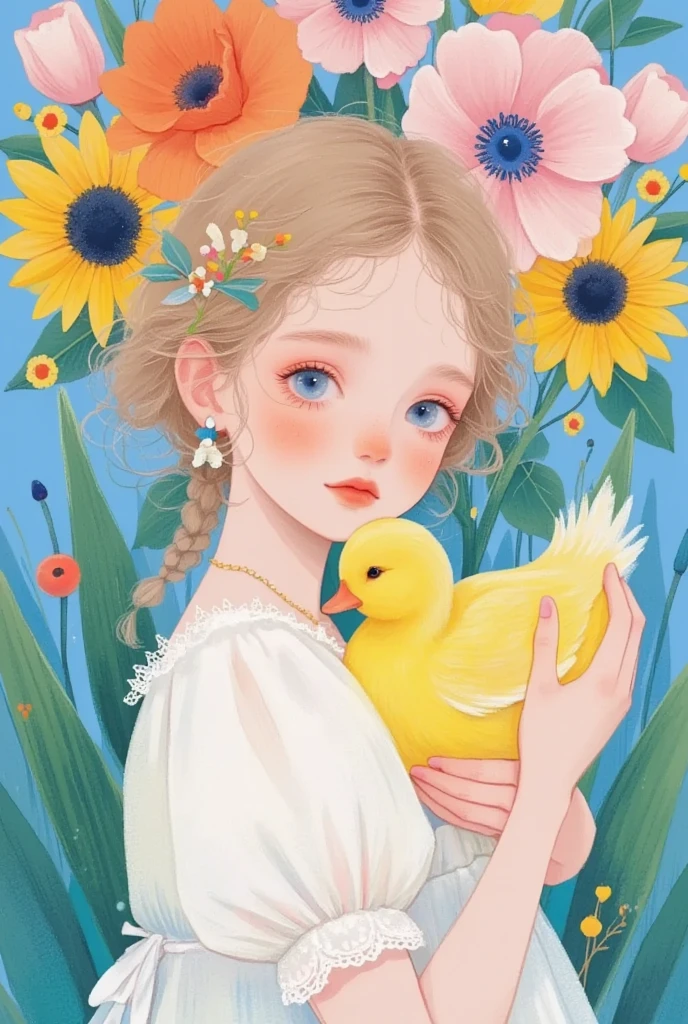 A colored pencil sketch，sketch：Crying girl holding a duck，, sunflower, orange flower, pink flower, white flower, yellow flower, 1 girl, beautiful detailed eyes, beautiful detailed lips, extremely detailed face and eyes, long eyelashes, detailed portrait, detailed floral, detailed nature, detailed scene, masterpiece, best quality, 8k, photorealistic, hyper detailed, cinematic lighting, vivid colors, natural lighting, intricate details, Elegant, serene, ethereal