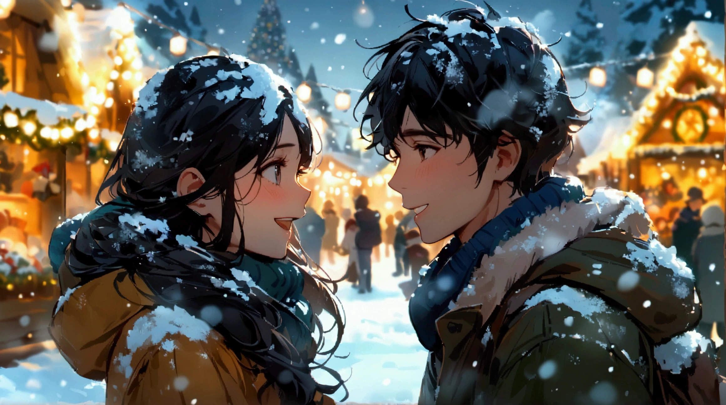 (Masterpiece, High Definition, High Resolution, 8K), In the snow, a beautiful woman (cute profile, medium long black hair), and a handsome man, they are looking at each other and laughing happily, looking up at a big shiny Christmas tree, in the town with Christmas market lights shining, a pure white The world, a world of sadness, beautiful snow dancing silently, looking from a distance, blurred snow world, shining like diamond dust
