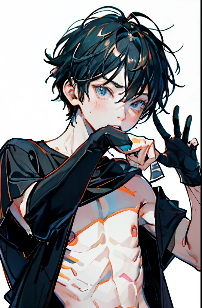 A young teenage boy with medium wavy black hair, dressed up for Halloween, he is dressed as an erotic mummy,the white ribbons that are wrapped around him up to his face, the only part that is not covered by tape, it's your penis and your balls (Rosinha penis head)