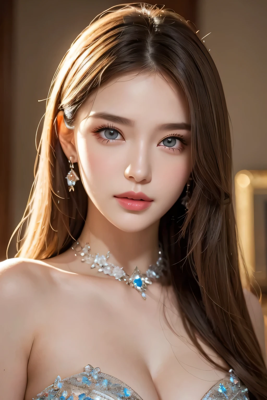 Super premium graphics，8K HD CG works，high quality graphics，High-definition and exquisite CG works，Ultra-fine details：1.1，Realistic photo effects，Interior lighting effects：1.5，natural soft light：1.5,（Virtual light effects：1.8），shining dress，sliver long hair，transparenthair，（Quality hair details：1.1）,Clear eyes，Double eyelids look good，Sharp eye makeup, Create exquisite eyelash makeup, thin eyebrows, Ultra-detailed eyes，a tall nose, lovely red lips, rosey cheeks, With delicate makeup on her face , pretty face, The face shape is perfectly proportioned,（Advanced facial details：1.1）,a girl, happy, setailed eyes, glossy lips, crystal dress,  reflecting lights on crystals, spreading lights, attractive pose, whole body capture, Women's artwork，Realism，
