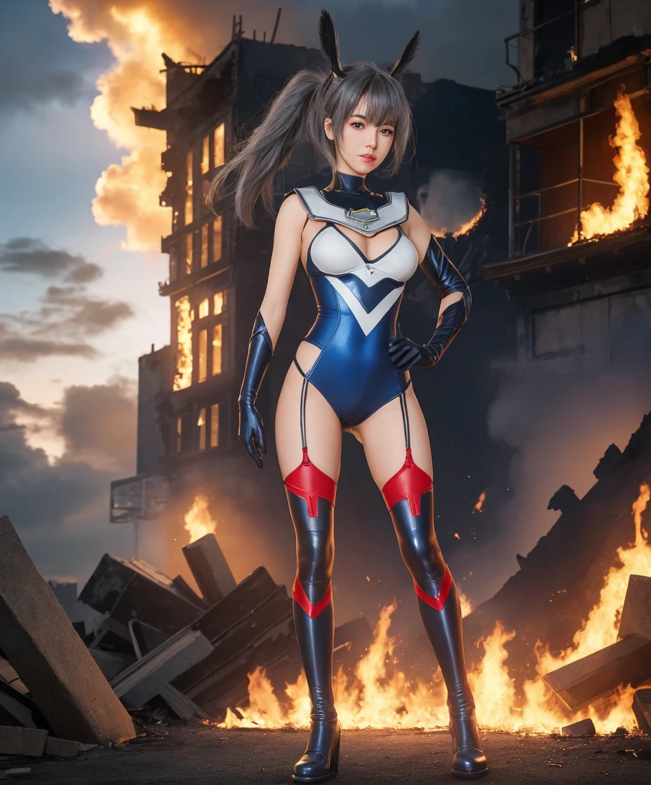 ultra-detailed, Explicit, Beautiful body, Beautiful Nose, Beautiful character design, perfect eyes, perfect face, ultra highres, 4K, beautiful legs, perfect legs, Nice hands, Perfect hand, Masterpiece, Best Quality, Highly detailed, illustration, absurdres, perfect ???????, street fighter, doll suit, shadaloo doll, dollsuit, expressionless, blank eyes, looking at viewer, red gloves, emotionless, black latex, corrution, mind control, female combatant, full body, hypnotized, unhappy trance, full body suit, ribbed bodysuit, both arms at side, obey, perfect female body, extremely glossy latex, hypnosis, hypnoLora, empty eyes, Mind control device, poses, submissive_pose, Slave, stand up straight, standing, standing at attention, hat, necktie, belt, latex, ribbed bodysuit, thighhighs, garter belt, Fighting Stance, extending the right arm from the shoulder into the air with a straightened hand, military, thigh boots, 1girl, hair ornaments, grey hair, long hair, brown eyes, (((pixel-perfect, detail-perfect))), solo, 1girl, mari morino, green ribbon, salute, saluting, military saluting