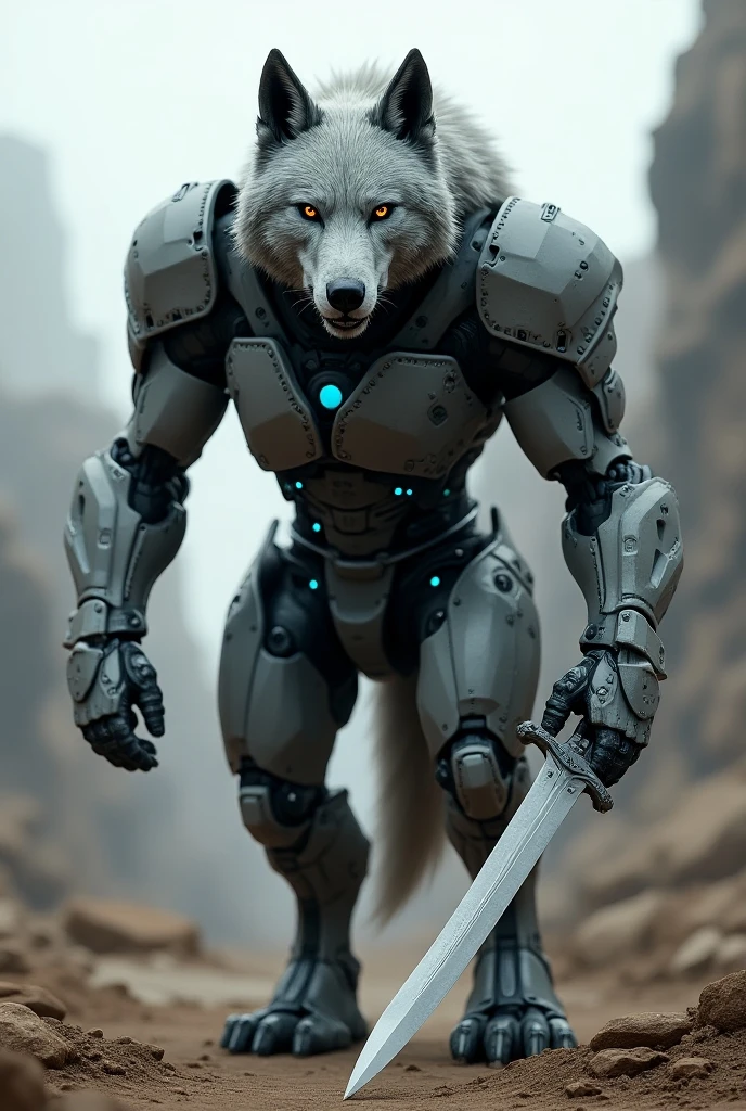 Close-up of a ((handsome wolf male warior)) , half human, half beast. Their eyes are filled with hapiness and longing. The background is a trail of blood and violence. He wears a mechanized robot armor, carved with animal elements, human skulls. The sky is filled with swirling, fiery clouds. The photo conveys a strong sense of the warrior's appearance, ((smiling))