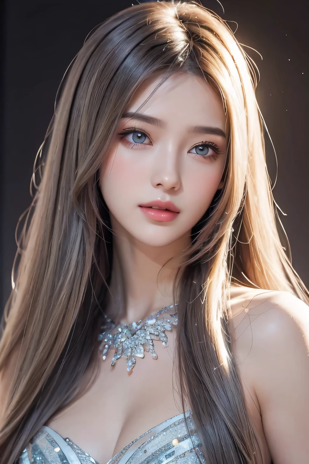 Super premium graphics，8K HD CG works，high quality graphics，High-definition and exquisite CG works，Ultra-fine details：1.1，Realistic photo effects，Interior lighting effects：1.5，natural soft light：1.5,（Virtual light effects：1.8），shining dress，sliver long hair，transparenthair，（Quality hair details：1.1）,Clear eyes，Double eyelids look good，Sharp eye makeup, Create exquisite eyelash makeup, thin eyebrows, Ultra-detailed eyes，a tall nose, lovely red lips, rosey cheeks, With delicate makeup on her face , pretty face, The face shape is perfectly proportioned,（Advanced facial details：1.1）,a girl, happy, setailed eyes, glossy lips, crystal dress,  reflecting lights on crystals, spreading lights, attractive pose, whole body capture, Women's artwork，Realism，