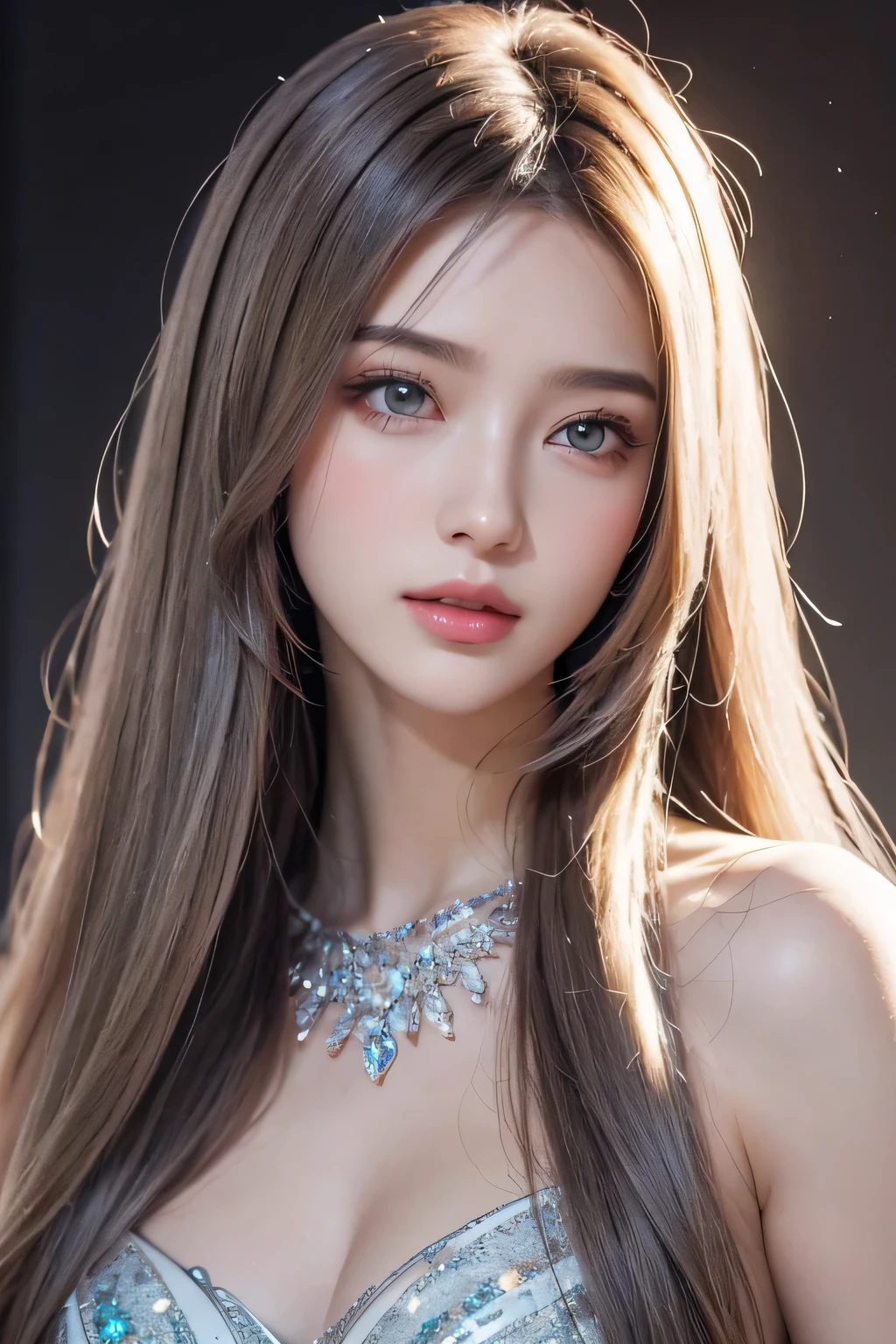 Super premium graphics，8K HD CG works，high quality graphics，High-definition and exquisite CG works，Ultra-fine details：1.1，Realistic photo effects，Interior lighting effects：1.5，natural soft light：1.5,（Virtual light effects：1.8），shining dress，sliver long hair，transparenthair，（Quality hair details：1.1）,Clear eyes，Double eyelids look good，Sharp eye makeup, Create exquisite eyelash makeup, thin eyebrows, Ultra-detailed eyes，a tall nose, lovely red lips, rosey cheeks, With delicate makeup on her face , pretty face, The face shape is perfectly proportioned,（Advanced facial details：1.1）,a girl, happy, setailed eyes, glossy lips, crystal dress,  reflecting lights on crystals, spreading lights, attractive pose, whole body capture, Women's artwork，Realism，