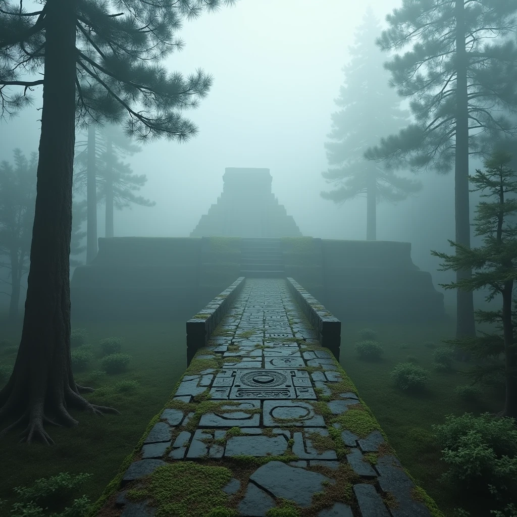 the fog is thick, Very thick fog,  Spruce You can see Silhouettes from behind the Fog , Lots of fog, Morning Misty Haze ,  Forest Area Ancient Aztec Bridge with Letters and Hieroglyphics on It, Time of Day Sunrise ,  Matins Race on the Trees and Moss across the bridge , very detailed, beautiful colors, masterpiece,  Complex Details ,  better quality, 8 k,  Ancient Mayan buildings in the distance You can see ,
