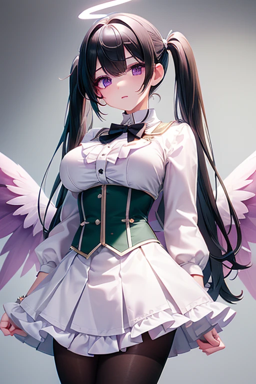 White Skirt, black hair,  twin tails, White Skirt,White Pantyhose, Corset , 8k, masterpiece,detailed halo ,  extremely detailed face,medium breast, solid circle eyes,Wings at the waist, purple eyes, Godley,detailed shading, depth of field,(Green:1.2)