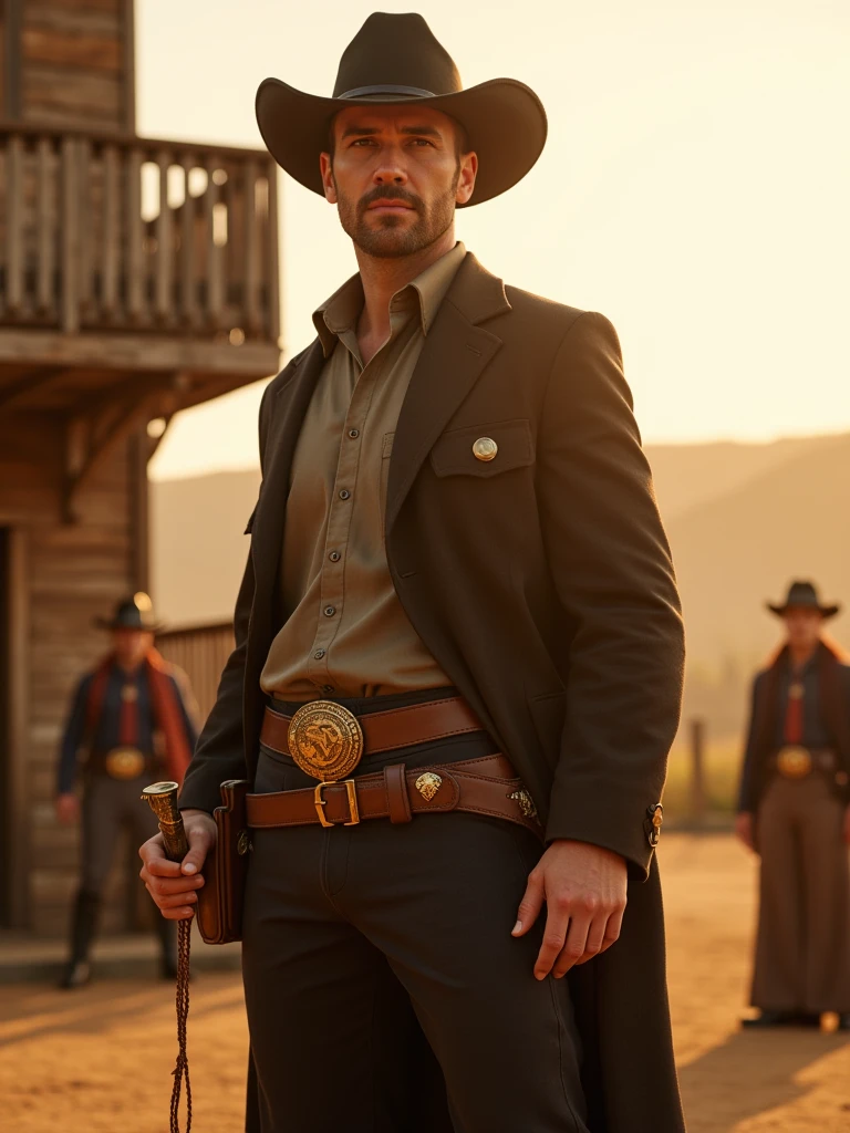 a dramatic scene of a town sheriff standing firmly in front of the sheriff's office, holding a golden star, with a stern gaze and calm yet firm expression, as a prisoner is escorted out and townspeople observe with curiosity and unease, set against the warm, golden light and earthy tones of the old west landscape, (best quality,4k,8k,highres,masterpiece:1.2),ultra-detailed,(realistic,photorealistic,photo-realistic:1.37),western, portrait, dramatic lighting, cinematic, town square, old west, authority, justice, courage, tension, warm colors, golden hour, historical