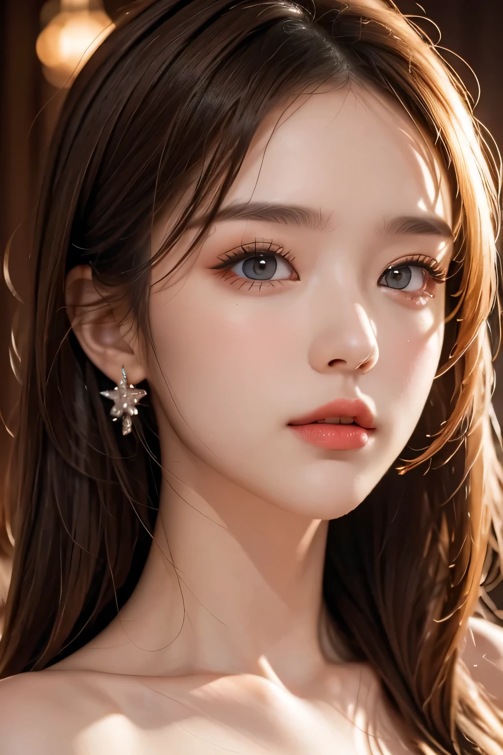 Super premium graphics，8K HD CG works，high quality graphics，High-definition and exquisite CG works，Ultra-fine details：1.1，Realistic photo effects，Interior lighting effects：1.5，natural soft light：1.5,（Virtual light effects：1.8），shining dress，Brown long hair, brown eyes, transparenthair，（Quality hair details：1.1）,Clear eyes，Double eyelids look good，Sharp eye makeup, Create exquisite eyelash makeup, thin eyebrows, Ultra-detailed eyes，a tall nose, lovely red lips, rosey cheeks, With delicate makeup on her face , pretty face, The face shape is perfectly proportioned,（Advanced facial details：1.1）,a girl, happy, setailed eyes, glossy lips, crystal dress, reflecting lights on crystals, spreading lights, attractive pose, close up of a woman, Women's artwork，Realism，