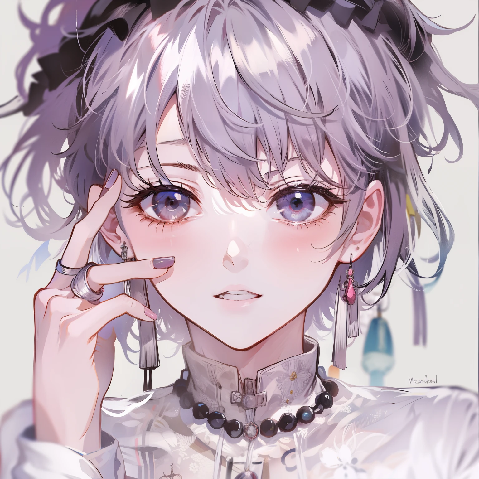 Pilian, alone, 1 Girl, 黑nail, Jewelry, Short hair, looks at the audience, choker, necklace, place your hands on your face, puncture, white background, Heart, Shut up, grey eyes , nail油, simple background , Gray Hair, ear puncture, black choker , Smile, eyelash, Lips, place hands on your cheeks , bangs, bracelet, bead, gem, earrings, nail