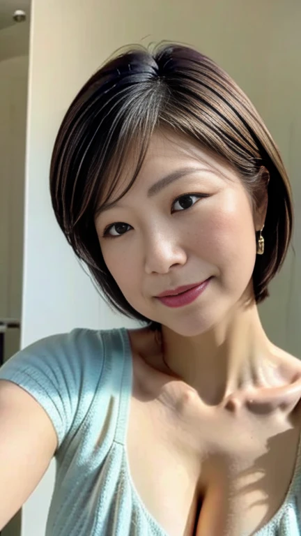 ( best quality, 8k, 32K, masterpiece,  ultra high resolution:1.2),美しい女性のSelfie写真, 45 year old housewife,  very short bob hair, upper body, face focus , blouse,  long skirt,  emphasizes cleavage,  Necklaces ,  simple background, viewers,(Selfie), ((Selfie)), ((Selfie:1.2)), angle from above, Overhead shot
