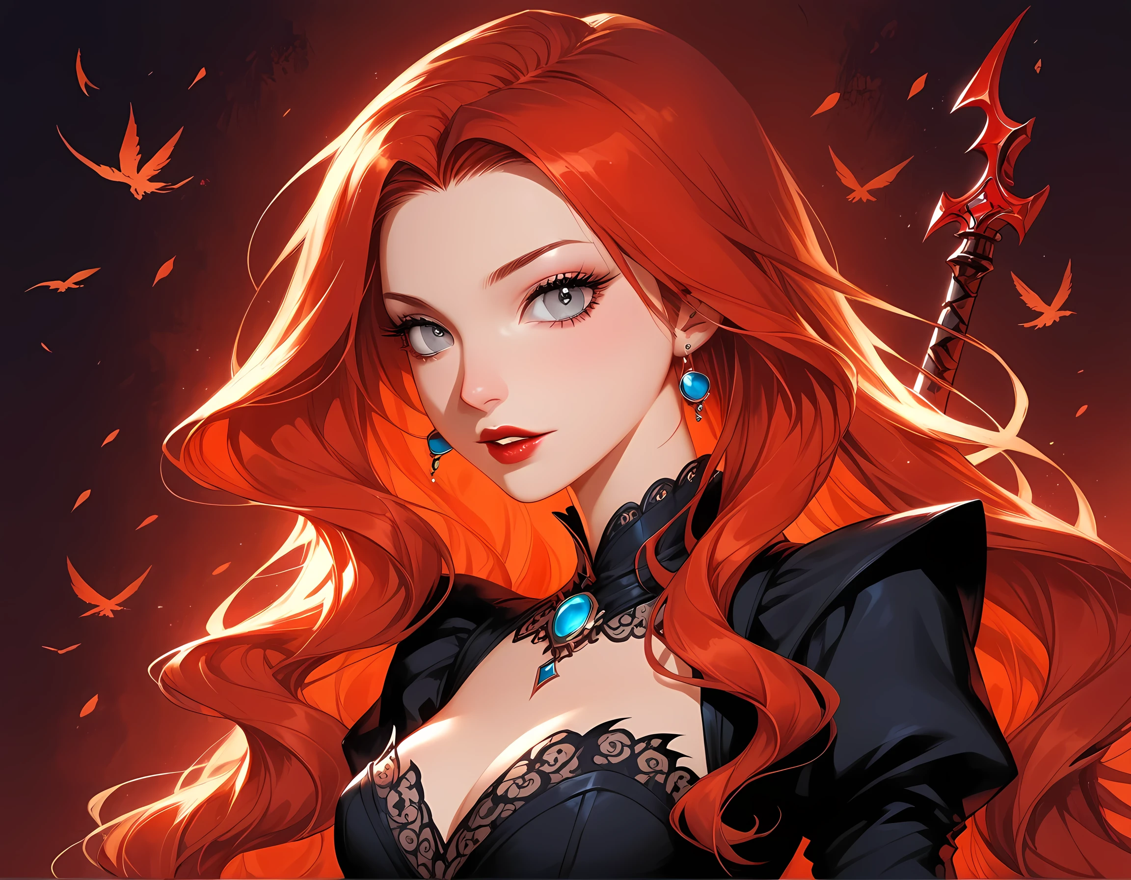 modisn disney, Arafed,  Dark fantasy art, fantasy art, goth art, a picture of a female vampire, pale white skin, blond hair, long hair, wavy hair, (glowing grey: 1.3) eyes, she wears a (red: 1.3) red thigh suit, she holds a sword in hand, (ready for battle: 1.4) , the roses are imprinted on the suit (black: 1.4) black roses, high heels, full body shot, dark glamour shot, dark castle, dark, black and color, Dark Art Painting Style, flower dress, manga style