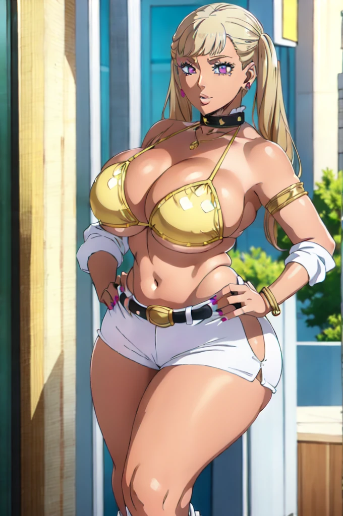 Noelle_BlackClover, 1girl, solo, earrings, twintails, jewelry, hand on hip, purple eyes,Big breast,yellow bikini,short jeans Hotpants,thin right elbow black glove,stocking,Boots,Drop bar earring,Necklace,Thin black chocker,dark skin,Gold blond colored hair,hoopa bracelet,Colored nail,Wide hips