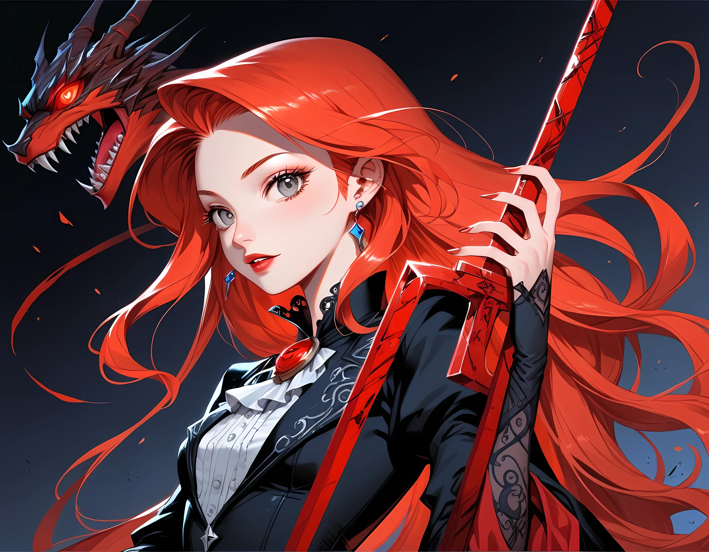 modisn disney, Arafed, Dark fantasy art, fantasy art, goth art, a picture of a female vampire, pale white skin, blond hair, long hair, wavy hair, (glowing grey: 1.3) eyes, she wears a (red: 1.3) red thigh suit, she holds a sword in hand, (ready for battle: 1.4) , the roses are imprinted on the suit (black: 1.4) black roses, high heels, full body shot, dark glamour shot, dark castle, dark, black and color, Dark Art Painting Style, flower dress, manga style