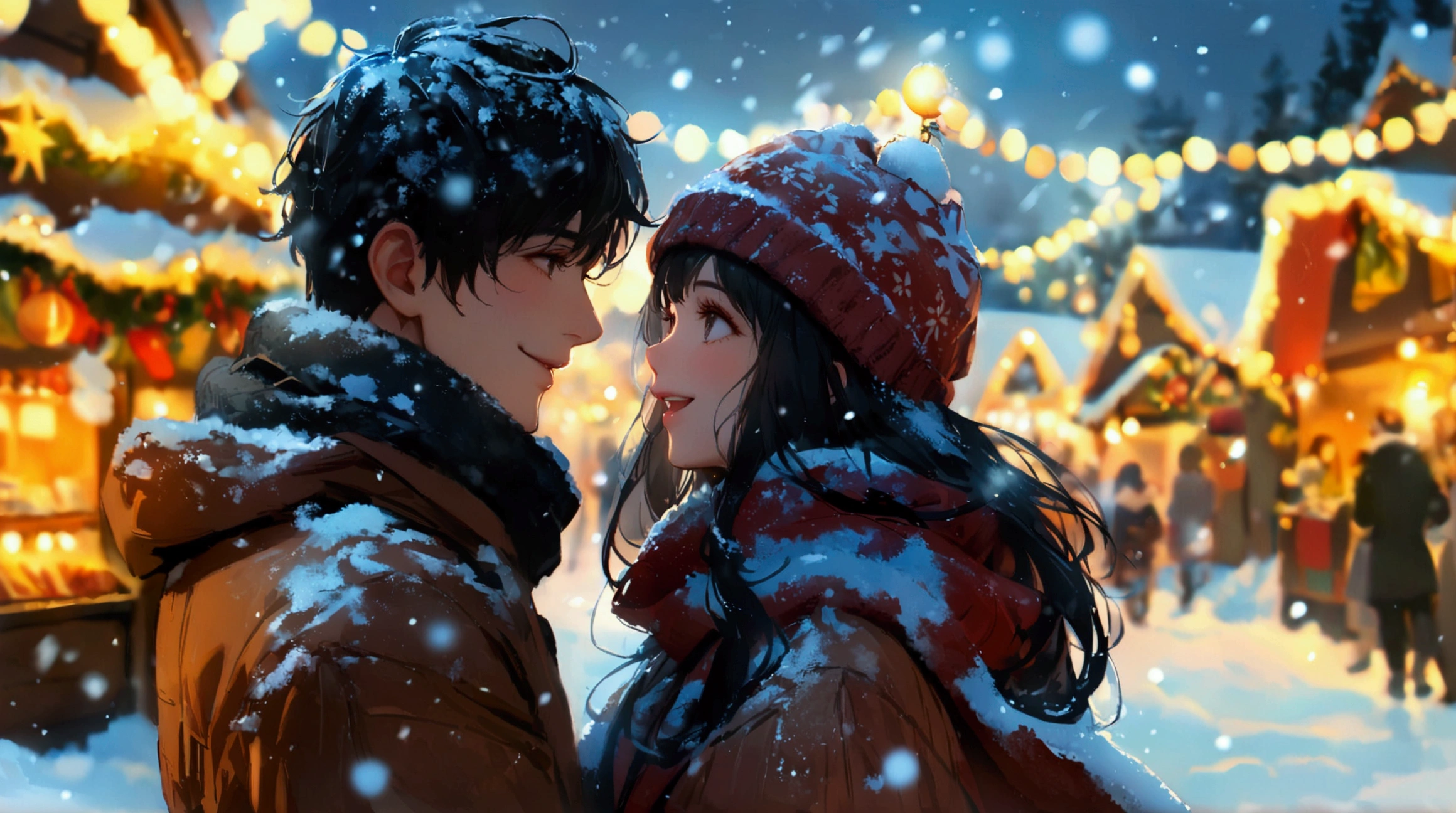 (Masterpiece, High Definition, High Resolution, Fine Detail, 8K), In the snow, a couple's back view (a woman with medium long black hair and a handsome man), they look at each other, they are smiling happily looking up at a big glowing Christmas tree, in the town with Christmas market lights shining, a white world, The world of sadness spreads out, beautiful snow dancing silently, looking from afar, blurred snow world, shining like diamond dust.
